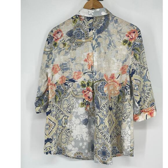 Chico’s No Iron 100% Linen Paisley Button Up Blouse Size Medium Petite Vacation - Picture 2 of 5